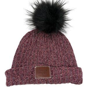 Love Your Melon Knit Beanie Faux Fur Pom Pom 100% Cotton Maroon Black Speckled